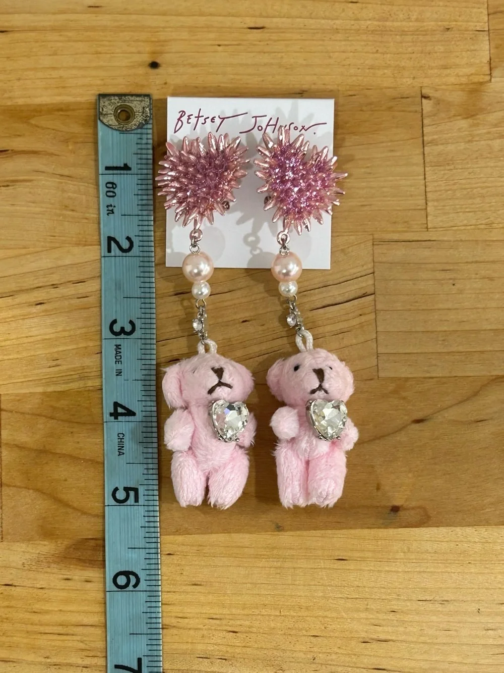 Betsey Johnson Spikey Heart Plush Teddy Bear Drop Earrings